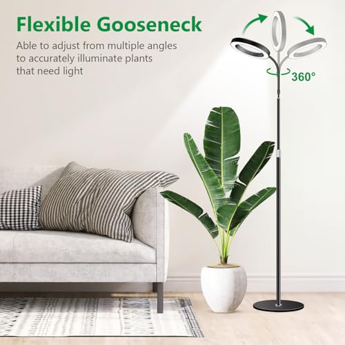 Aumtrly Black Grow Lights for Indoor Plants, Full Spectrum, with 68" Stand | 6/12/16H Timer, 5 Dimming Levels, 80 LED Halo, Floor Growing Lamp for Large Tall Plants with Flexible Gooseneck, Metal Base - size: 1 head 68inch/black