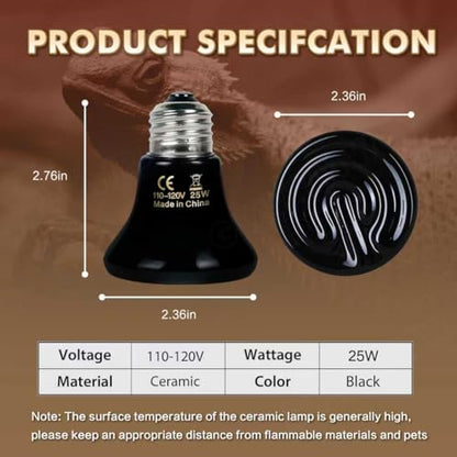 2-Pack Ceramic Heat Emitter Lamp 0.2inch(60mm)– 25W, Non-Light Emitting, 24/7 Safe Heat for Reptiles & Small Pets, E26 - color: 25 Watt, size: 60 mm