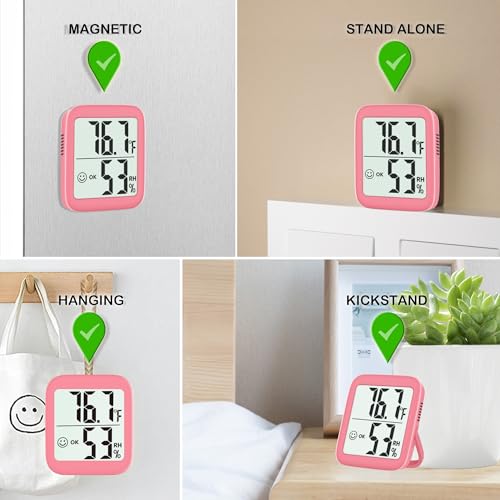 2 Pack Room Thermometer Indoor Hygrometer | Monitor Temperature & Humidity, Accurate, Fast Read, Easy To View, Magnetic/Kickstand/Hanging, ℉/℃, w/ Battery, Compact - color: 2 Pcs* Pink
