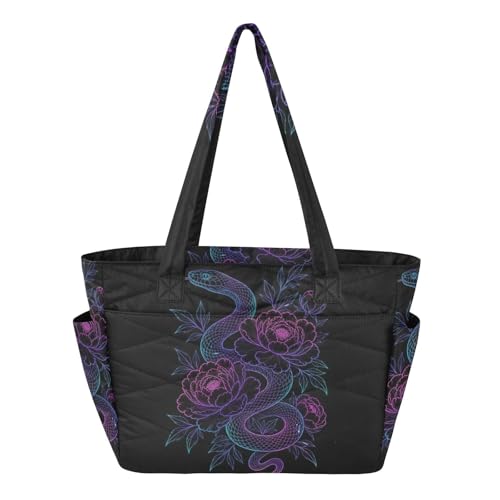 Quilted Tote Bag for Women Peony Snake Neon, Stylish Lightweight Shoulder Handbag with Laptop Sleeve, Luggage Strap for Travel Gym Work