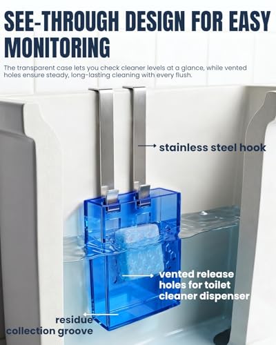 Upgraded Toilet Tank Tablet Holder, Blue Acrylic Automatic Bowl Cleaner Dispenser Basket, Fits Large 3.5oz Bleach Tablets, Over-Tank Hanger with Rustproof Hooks for Bathroom (Acrylic Blue)