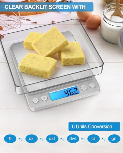 AMIR Digital Kitchen Scale, 3000g 0.01oz/ 0.1g Pocket Coffee Scale, Mini Food Scale, Pro Electronic Jewelry Scale with Back-Lit LCD Display, Tare & PCS Functions, Stainless Steel, Batteries Included - color: Sliver