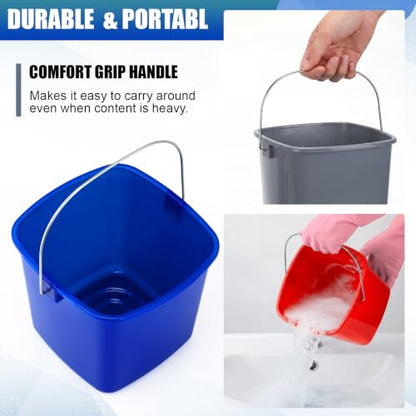 Zhehao 6 Pcs 3 Quart Bucket for Cleaning Small Sanitizer Bucket for Restaurant Square Plastic Pail with Handles for Home, Offices, Commercial Use, Food Service (Red,Dark Blue,Gray) - color: Red,dark Blue,gray