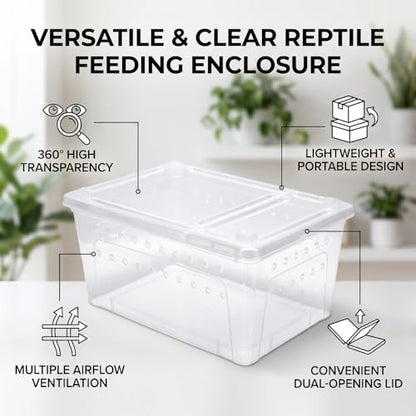 Zerodis 2Pcs Portable Reptile Feeding Box, Transparent Plastic Transport Container Reptile Breeding Enclosure with Feeding Bowl for Bearded Dragon Lizard Snake Spider Gecko (L)