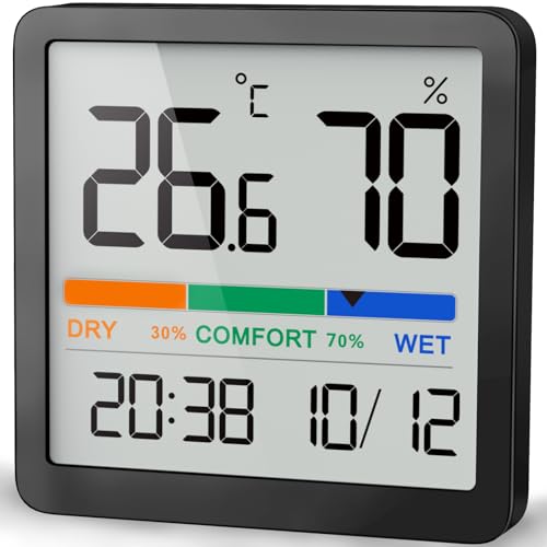 Digital Hygrometer Indoor Thermometer, Humidity Monitor with Calibration | Digital Temperature & Humidity Gauge, Clear LCD Display with Clock, Comfort Indicator for Home, Office, Basement & Greenhouse - color: Black, size: 1 Pack