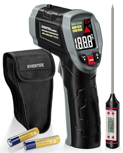 Eventek Infrared Thermometer Gun, [3 in 1] -58°F~1112°F (-50°C~600°C) Digital Laser Temperature Gun for Cooking, Pizza Oven, Grill & Engine with Adjustable Emissivity, Meat Thermometer & Bag Included