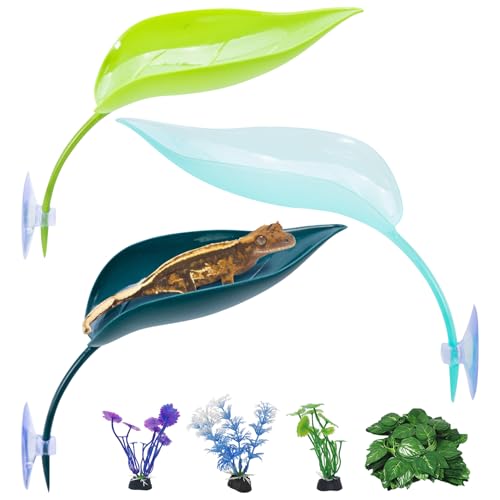 kathson 3pcs Crested Gecko Climbing Toys, Leaf-Shaped Reptile Basking Platform Plastic Frog Habitat Platform with Suction Cup Betta Fish Resting Spot Tank Decoration for Frog Toad Amphibian