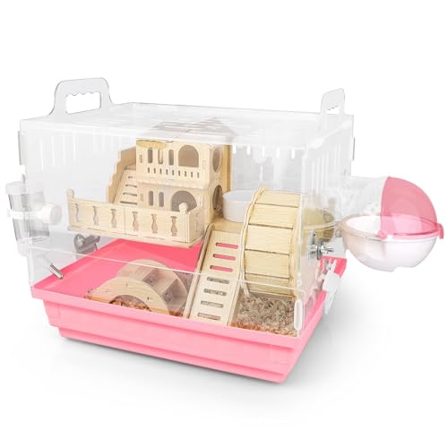 Cycodo 8 in 1 Acrylic Hamster Cage,2-Tier Dwarf Hamster Cage with Wooden Wheel & Hideout,Small Hamster Habitat with Accessories,Clear Pet Mice House(Pink,14" L*10" W*11" H) - color: Pink