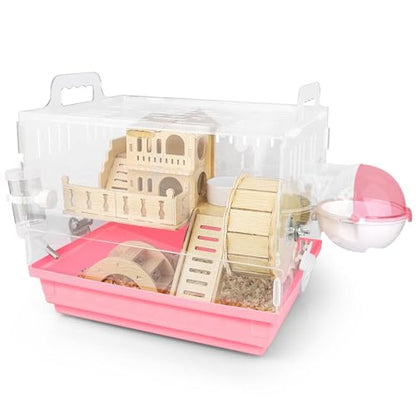 Cycodo 8 in 1 Acrylic Hamster Cage,2-Tier Dwarf Hamster Cage with Wooden Wheel & Hideout,Small Hamster Habitat with Accessories,Clear Pet Mice House(Pink,14" L*10" W*11" H) - color: Pink