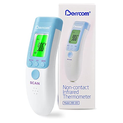 Berrcom Infrared Forehead Thermometer for Adults and Kids | Non-contact digital thermometer with fever alert, LCD, touchless for home, fast & accurate - color: Light Blue
