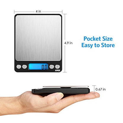 AMIR Digital Kitchen Scale, 3000g 0.01oz/0.1g Pocket Cooking Scale, Mini Food Scale, Pro Electronic Jewelry Scale with Back-Lit LCD Display, Tare & PCS Functions, Stainless Steel, Black - color: Black