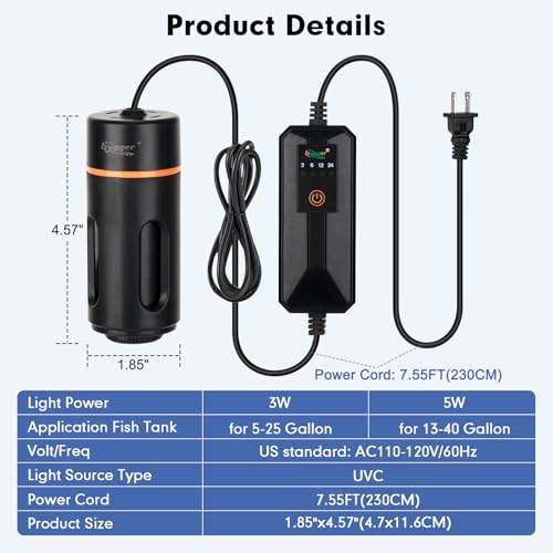 hygger Aquarium U-V Light with Timer, 360° Protective Shield Clean Light for Green Water and Algae Clean, Mini Algae Control Lamp for Freshwater and Saltwater Tank (3W for 5-25 Gallon) - size: 3W for 5-25 Gallon