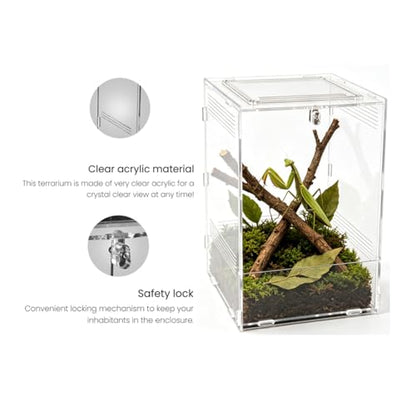 Vertical Acrylic Terrarium, 4.5" x 3.9" x 6.5" Clear Small Pet Enclosure with 304 Stainless Steel Mesh Top, Waterproof Base, Secure Door for Jumping Spider, Tarantula Sling and Small Invertebrates