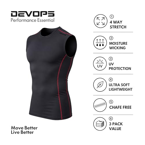DEVOPS 3 Pack Men's Compression Shirts Sleeveless Tank Top Baselayer | Gym Training, Running, Moisture Wicking, Compression Fit, 4-Way Stretch, UPF 50+, Sleeveless - color: 1# (3 Pack) Black / Black(gray) / Black(red), size: Small