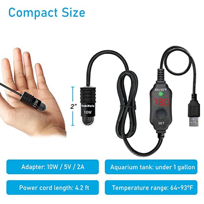 YukiHalu USB Powered Aquarium Heater, 10W Adjustable Mini Fish Tank Heater with External Temperature Controller, LED Display, Used for 0.5-1 Gallon Tank (10W USB Adapter) - size: 10 Watts (USB + adapter)