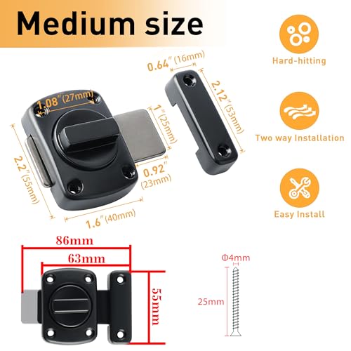 Alise Slide Bolt Latches,Medium Size Double Sided Rotate Lock for Cabinet | Rotary Switch Lock,Black Heavy-Duty Gate Latch For Storage Box,Shed Door, Pet House,Wardrobe - color: Black, size: Medium Size