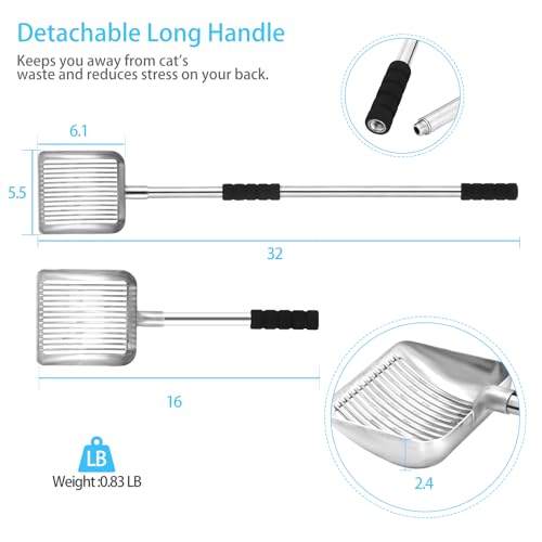 Metal Cat Litter Scoop - Removable Long Handle Cat Litter Scooper (16in-3in),Large Deep Shovel Litter Scoop with Foam Grip, Easy Clean for Multi-Cat Household-No Bending Back - size: 16in-31in（New Design）