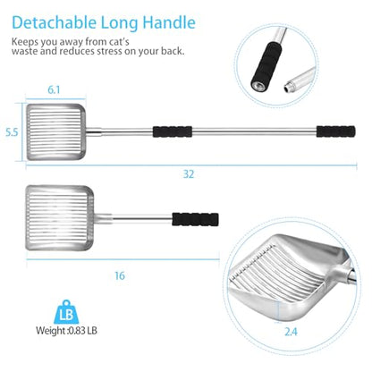 Metal Cat Litter Scoop - Removable Long Handle Cat Litter Scooper (16in-3in),Large Deep Shovel Litter Scoop with Foam Grip, Easy Clean for Multi-Cat Household-No Bending Back - size: 16in-31in（New Design）