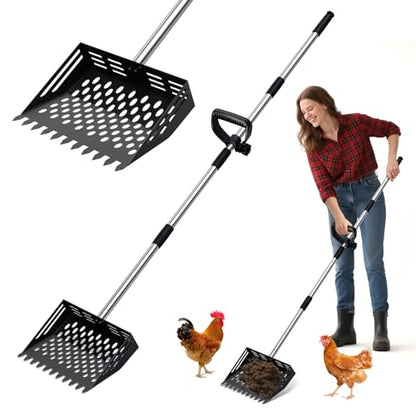 2-in-1 Chicken Poop Scooper & Rake, 38 to 66" Adjustable Stainless Steel Chicken Coop Scoop for Sand Chicken Litter Scoop with Handle Litter Sifting Shovel for Chicken Coops & Pet Waste