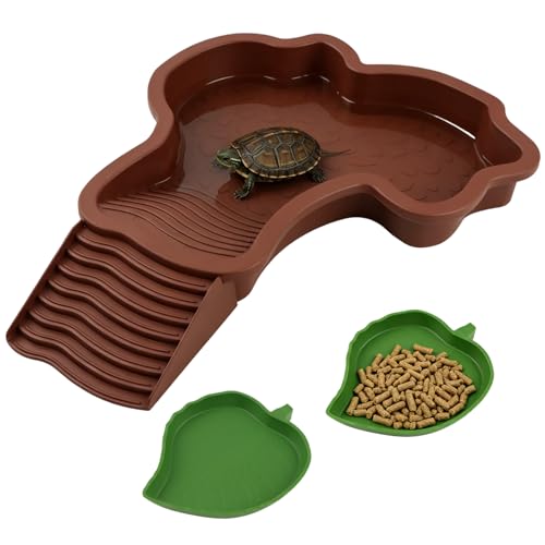 Tortoise Water Dish with Removable Ramp, Small & Medium Reptile Bathing Pool with 2 Pcs Leaf Shaped Reptile Food and Water Bowls, Plastic Turtle Pond for Geckos, Snakes, Box Turtles, Frogs & Lizards