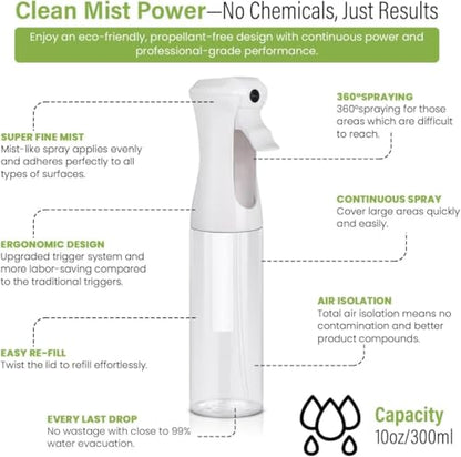 VIGOR PATH Continuous Mist Clear Spray Bottle 300ml Fine Mist for Hair | Ultra Fine Atomizer Leak Proof Ergonomic Construction 360 Refillable - size: 10 Ounces