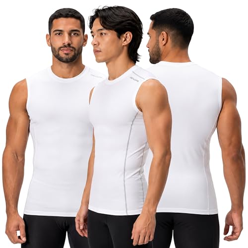 DEVOPS 3 Pack Men's Compression Shirts Sleeveless Tank Top Baselayer | Gym Training, Running, Moisture Wicking, Compression Fit, 4-Way Stretch, UPF 50+, Sleeveless - color: 0# (3 Pack) White / White / White(gray), size: X-Large