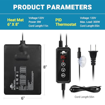 Reptile Heat Pad with Dimming Thermostat, 6" X 8" 8W Heating Pad Combo Set for 10-20 Gallon Reptile Tank, Under Tank Heater for Reptiles, Turtle, Snake, Lizard, Hermit Crab, Frogs, Seed - size: 8W