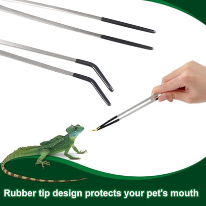 Stainless Steel Reptile Feeding Tongs 10.6" Straight and Curved Long | 2PCS Terrarium with Rubber Tip Aquascape Tools Feeder for Lizards, Bearded Dragon Snake Enclosure Tank Accessories