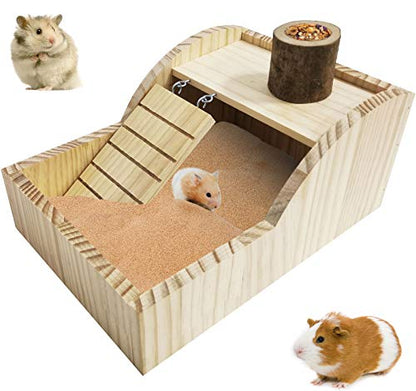 PINVNBY Hamster Sand Bath Box Wooden Small Animals Shower Room & Digging Sand Bath Container with Bowl for Dwarf Syrian Mice Mouse Gerbil and Other Small Animals