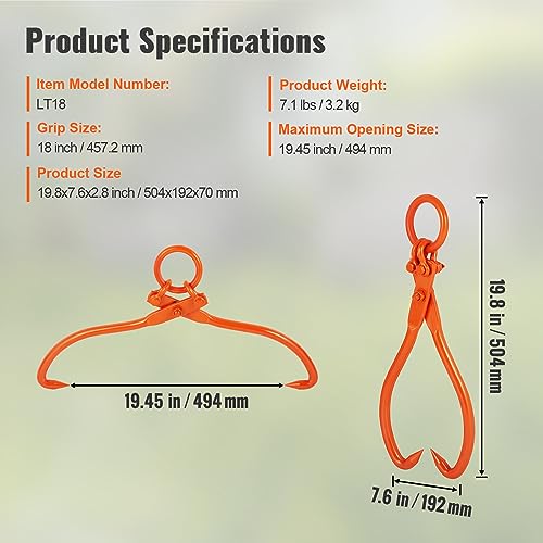 VEVOR Log Skidding Tongs, 18 inch 2 Claw Log Lifting Tongs, Heavy Duty Steel Lumber Skidding Tongs, 772 lbs/350 kg Loading Capacity, Log Lifting, Handling, Dragging & Carrying Tool - style: 18in-O-Ring