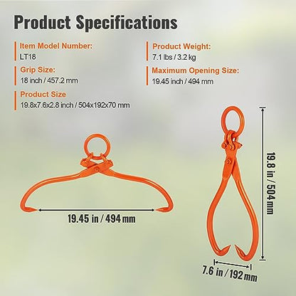 VEVOR Log Skidding Tongs, 18 inch 2 Claw Log Lifting Tongs, Heavy Duty Steel Lumber Skidding Tongs, 772 lbs/350 kg Loading Capacity, Log Lifting, Handling, Dragging & Carrying Tool - style: 18in-O-Ring