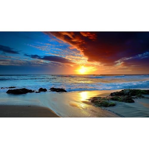 Sunset Beach Aquarium Background Sunrise Ocean Seashore Fish Tank Background Ocean Seascape Terrarium Backgrounds Amazing Sunrise Over Seacoast Sand Ocean Waves Reptile Tank Backgrounds 30x18in - color: Dark Blue, size: 30(W)x18(H)inches/ 75(W)*45cm(H)
