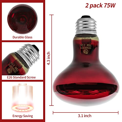 Reptile Heat Lamp Bulbs, Infrared 75W Reptiles & Amphibians Basking Spot Lamp Bulb-2 PCS, Red Heat Emitter Light for Chickens Coop - color: Red(75*2)