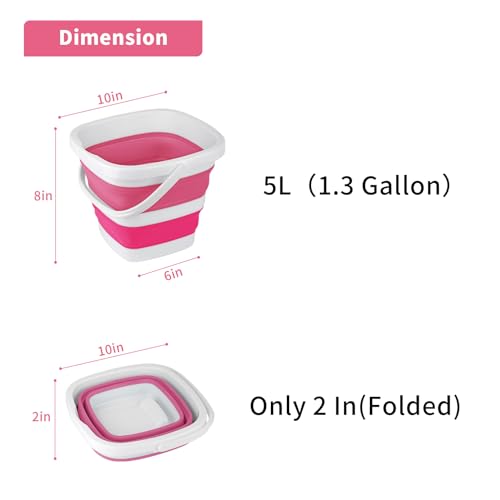 2 Pack Collapsible Buckets 5L 1.3Gallon Small Cleaning Bucket for Household Portable Plastic Bucket Outdoor Car Washing Tub Foldable Camping Beach Sand Water Pot Pail Space Saving Square Grey and Pink - color: Grey+pink