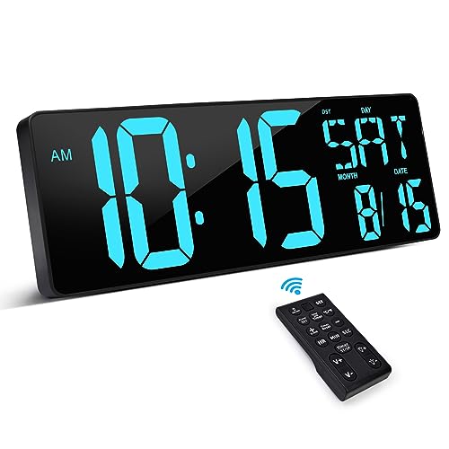 XREXS 17.2 Inch Large Digital Wall Clock with Remote Control | LED Large Display Count Up & Down Timer, Adjustable Brightness Alarm Clock with Day/Date/Temperature for Home, Gym, Classroom - color: Ice Blue