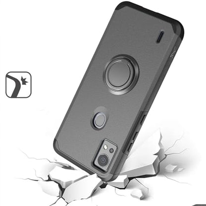for AT&T SL112A 6782D / Cricket SL112C Shockproof Ring Stand Hybrid Cover Phone Case + Tempered Glass + Extreme Band + Stylus Pen + Pry Tool (Gray) - color: Gray