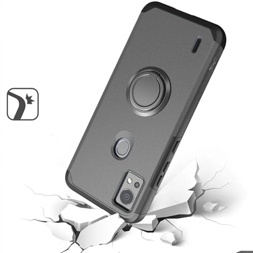 for AT&T SL112A 6782D / Cricket SL112C Shockproof Ring Stand Hybrid Cover Phone Case + Tempered Glass + Extreme Band + Stylus Pen + Pry Tool (Gray) - color: Gray