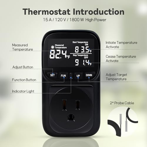 1800W Digital Thermostat for Reptile Tank, -40℉~210℉, Plug in Thermostat for Heater/Greenhouse with 5m/2m Cable, 15A Temperature Controlled Outlet with VA Display, Temp ±0.1°F, Black - color: Plug In-black