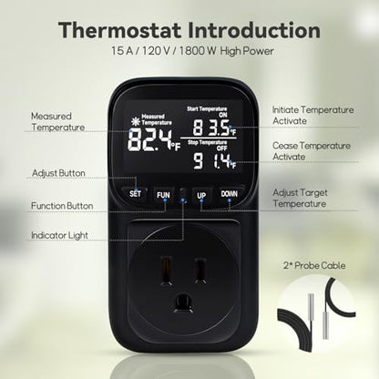 1800W Digital Thermostat for Reptile Tank, -40℉~210℉, Plug in Thermostat for Heater/Greenhouse with 5m/2m Cable, 15A Temperature Controlled Outlet with VA Display, Temp ±0.1°F, Black - color: Plug In-black