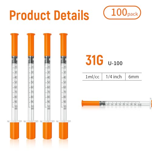 Jeringas con agujas para inyectar, 31G 1ml/cc 1/4"(6mm) jeringa, Pack of 100 - size: 1ml-31G 1/4", style: 100 Pack