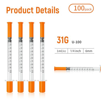 Jeringas con agujas para inyectar, 31G 1ml/cc 1/4"(6mm) jeringa, Pack of 100 - size: 1ml-31G 1/4", style: 100 Pack