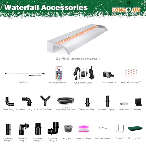 Waterfall Pool Fountain, LONGRUN Stainless Steel Waterfall Spillway for Pools and Ponds - 35.4" Wide Decorative Water Feature for Swimming Pools, Koi Ponds, and Garden - size: 35.4"Stainless Steel(Curved)