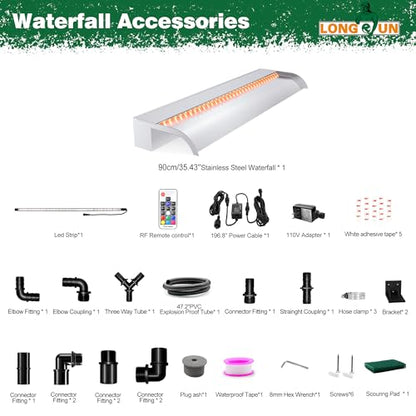 Waterfall Pool Fountain, LONGRUN Stainless Steel Waterfall Spillway for Pools and Ponds - 35.4" Wide Decorative Water Feature for Swimming Pools, Koi Ponds, and Garden - size: 35.4"Stainless Steel(Curved)