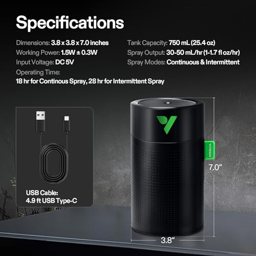 VIVOSUN AeroStream U075 750ml USB Mini Humidifier, VGrow Compatible | Humidifier for Plants, Small Grow Tent Use, Remote App Control, 2 Mist Modes, Auto Shut-Off - size: 750ML