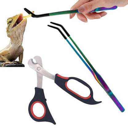 2-Pack Professional Reptile Nail Clippers&Stainless Steel Reptile Feeding Tongs Suitable for Small Animals Such as Cats, Birds, Hamsters, Rabbits, Hedgehogs, Ferrets, Chinchillas, Guinea Pigs，Etc