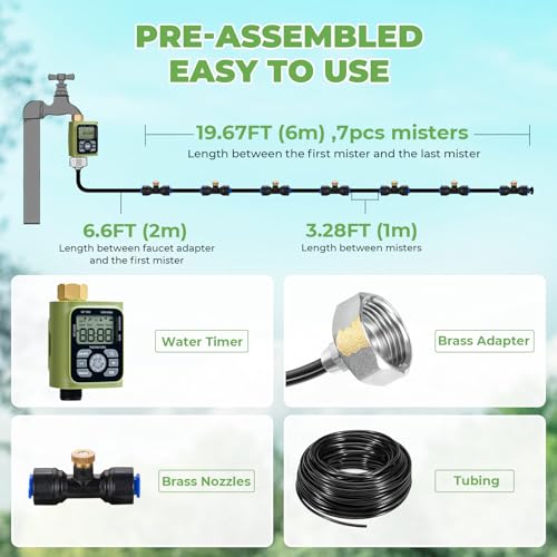 HOMENOTE Misting Cooling System with Timer, 26FT Misting Hose | 7 Brass Nozzles, 3/4" Brass Adapter, Water Timer with Mist Mode & Irrigation Mode, For Patio Cooling and Garden Watering - size: 26FT / 8M