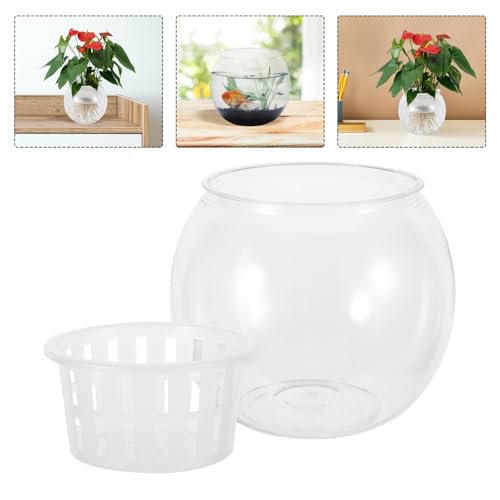 COHEALI Desktop Terrarium Fish Tank Plastic Betta Bowl with Hydroponic Basket Medium 110c Small Round Aquarium for Home Office Table Ecosystem
