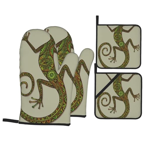 Reptiles Ornamental Colorful Lizard with Ethnic Patterns Exotic 4 Pack Oven Mitts and Pot Holders Set, Thick Polyester Heat Resistant Kitchen Gloves for Baking BBQ Grilling