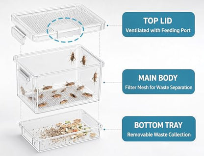 Cricket Keeper – Insect Breeding Box with Feeding Door for Crickets, Dubia Roaches, Mealworms, Transparent Ventilated Cage, Easy Clean Critter Keeper for Reptiles, Live Feeder Insect Container