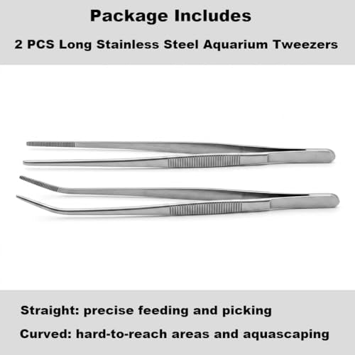 Aquarium Tweezers, 10 Inch, Stainless Steel, Straight & Curved, 2 PCS, Long Reptile Feeding Tongs for Bearded Dragon, Lizard, Snake, Fish Tank